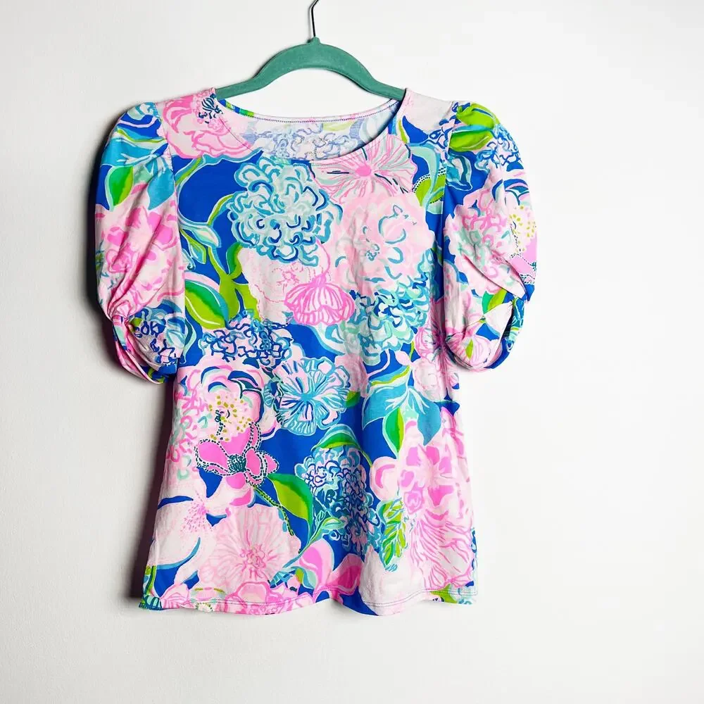 Lilly Pulitzer short sleeve puffs style shirt pink & blue Size Extra Small